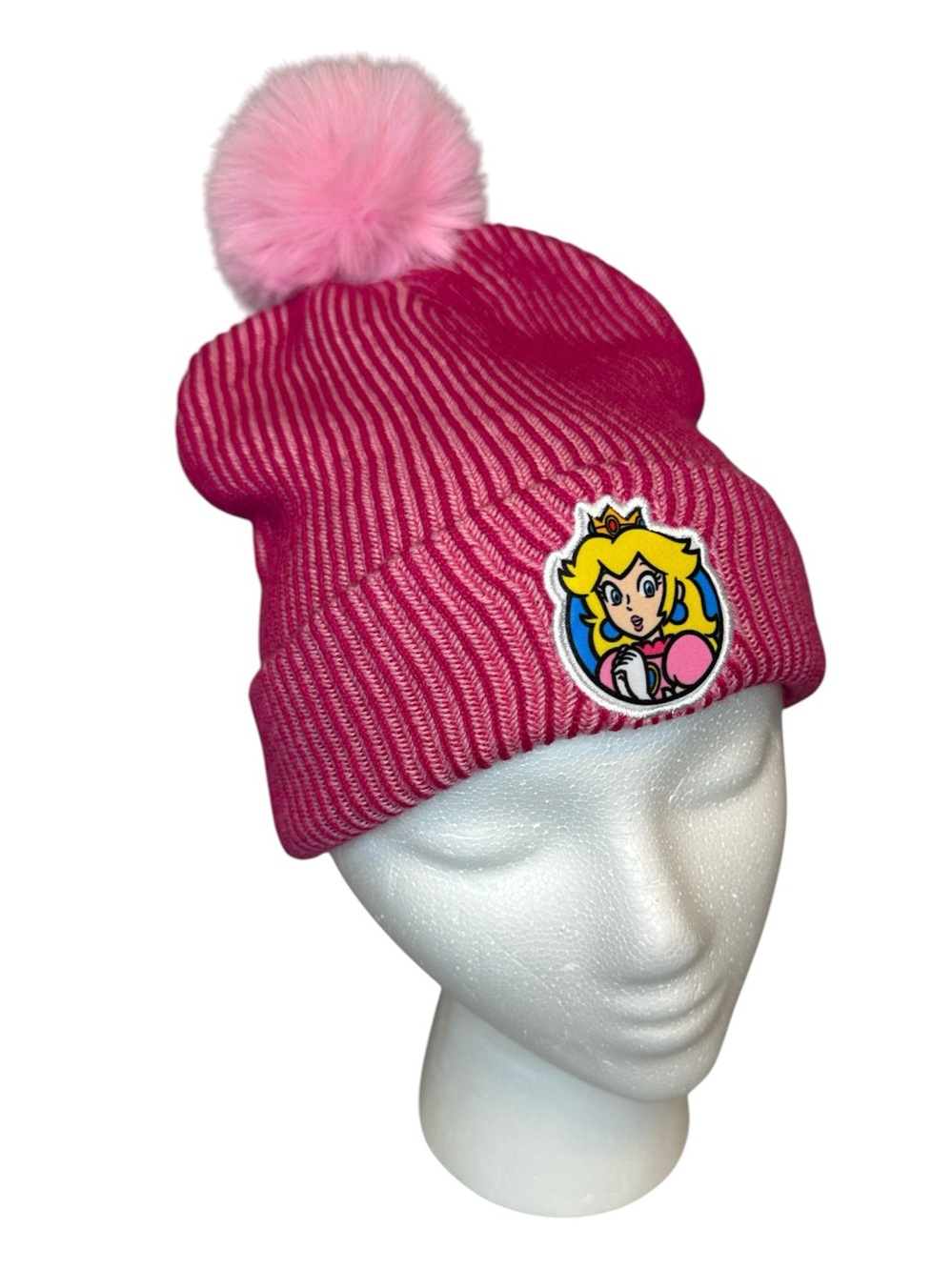 Nintendo Super Mario Princess Peach pink knit winter hat cap beanie poof NWT
